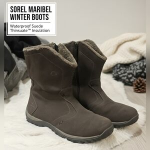 Sorel Maribel Waterproof Suede Winter Boots - Brown/Grey - Size 10.5